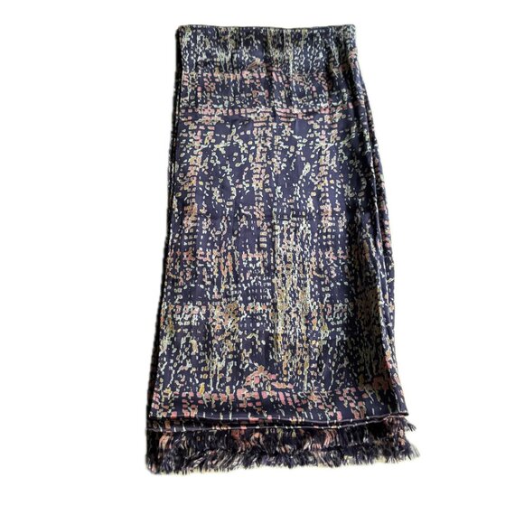 Italian Silk Scarf Multi-color Abstract Pattern on Indigo Fringe Edge 76x16 NWOT - Picture 3 of 6